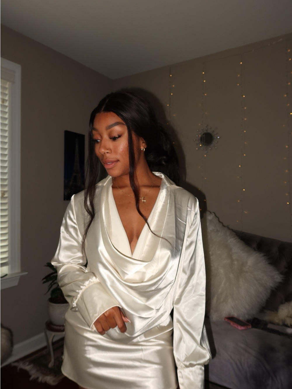 Silky Cowl Neck Satin Top and Skirt Set - Ivory